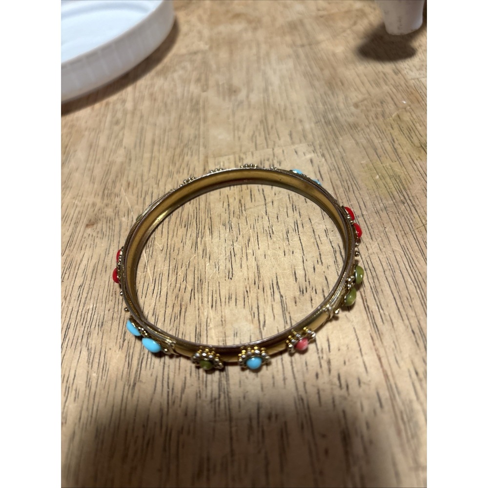 Vintage Gold Tone Bangle Bracelet Blue Green Coral Beads Turquoise Retro Ethnic